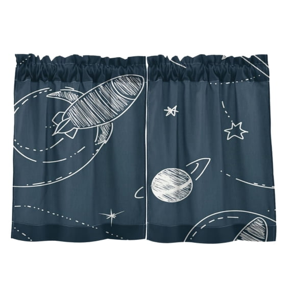 Rockets and Planets Pattern 27"x24" Linen Look Cafe Curtain Set with Privacy and UV Protection