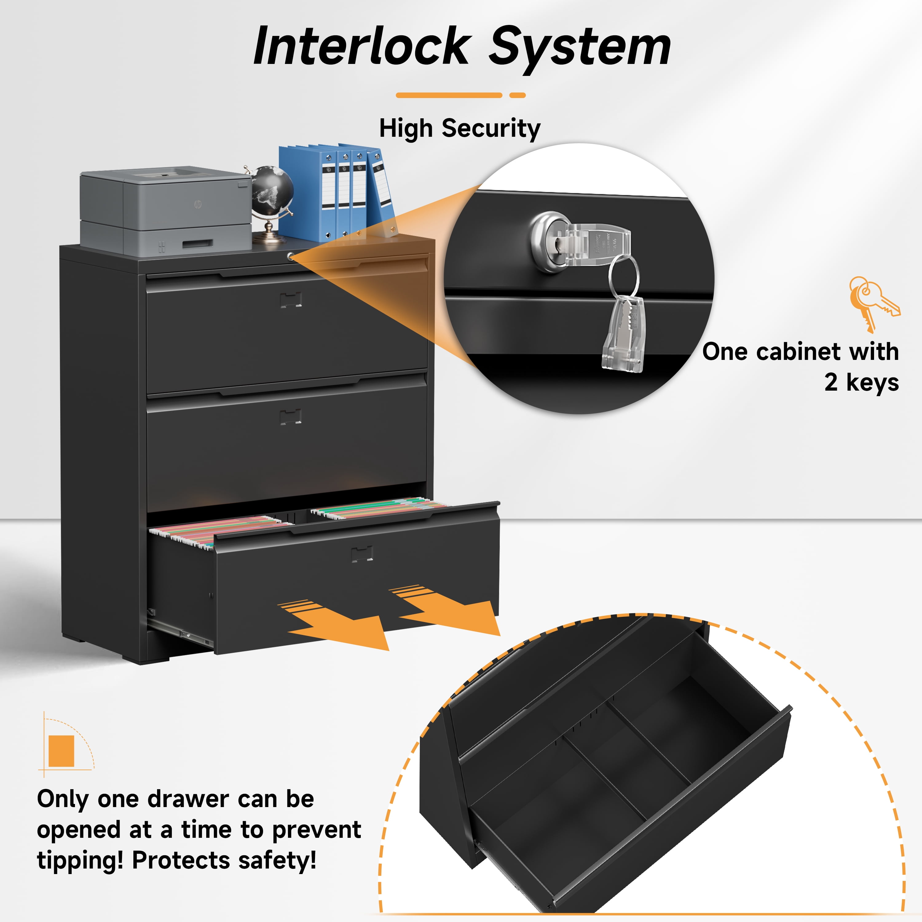 Lateral File Cabinet with Lock, 3 Drawer Lateral Filing Cabinet for Office Home, Locking Metal Steel Wide File Cabinet for Hanging Files Letter/Legal/F4/A4 Size, Easy Assemble Black