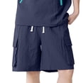 thumbnail image 4 of Men Bubble Textured 2 Piece Outfit Set, Quarter Zip Stand Collar Short Sleeve Jacket and Drawstring Elastic Waist Cargo Pocket Shorts Summer Tracksuit Size 4XL Navy, 4 of 5
