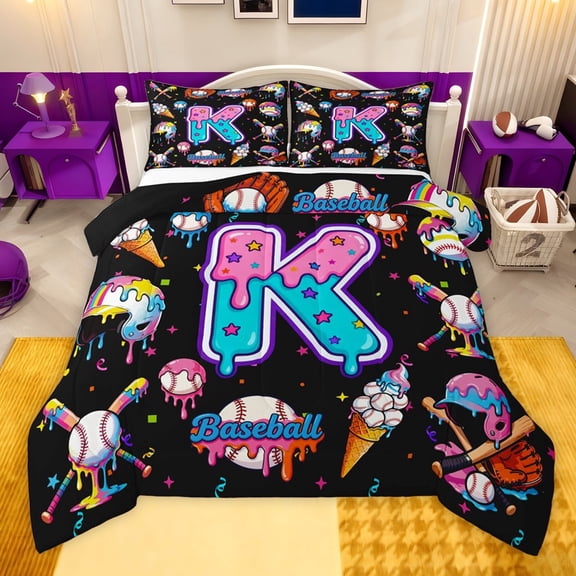 jejeloiu Letter K Monogrammed Twin Comforter Sets,Baseball Ice Cream Bedding Set For Girls Kids Reversible 2 Pieces