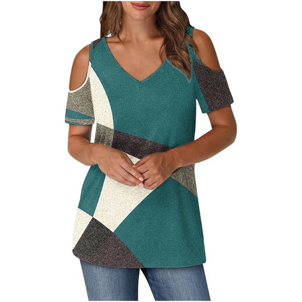 Tops de Algodón para las Mujeres Color Bloqueado Impreso Manga Corta Cuello en V Fuera Del Hombro, Top de Moda para Diario