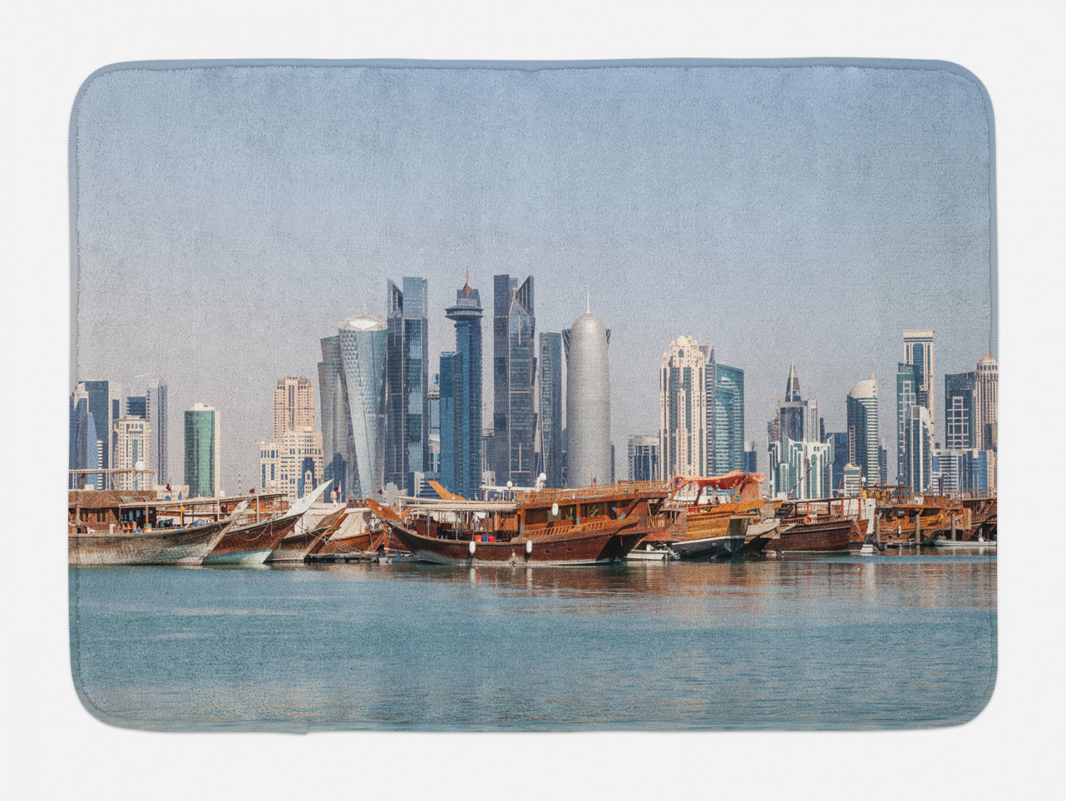 Modern Bath Mat, Qatar City Skyline at Dhow Middle Eastern Coast with