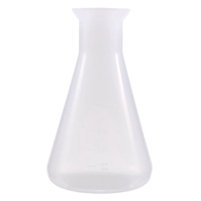matraces erlenmeyer de plástico transparente para laboratorio químico, recipiente para botellas, 250 ml Matraz Erlenmeyer de plástico blanco translúcido, vista frontal centrada con cuerpo cónico, cuello ancho y base plana; escala numérica moldeada en el costado legible para medir hasta 250 ml. Suele emplearse para mezclas y mediciones en laboratorios y prácticas escolares.
