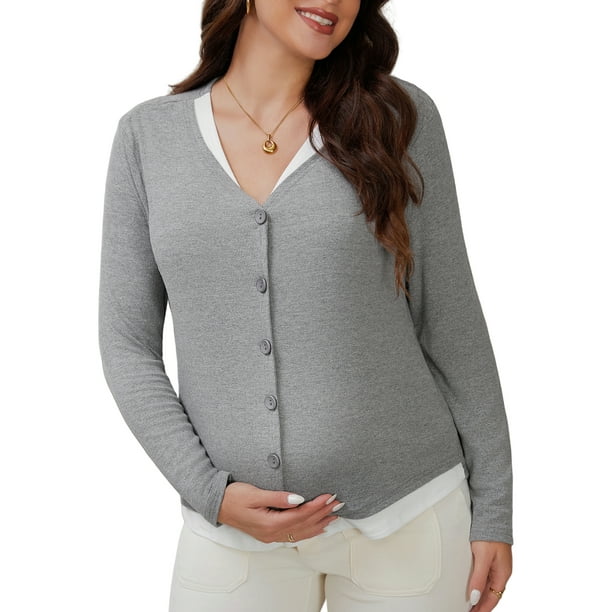 Camisas de maternidad con botones para mujeres INSPIRE CHIC, ropa de embarazo, de manga larga, cuello en V, tops de lactancia de 2 piezas, XL, gris