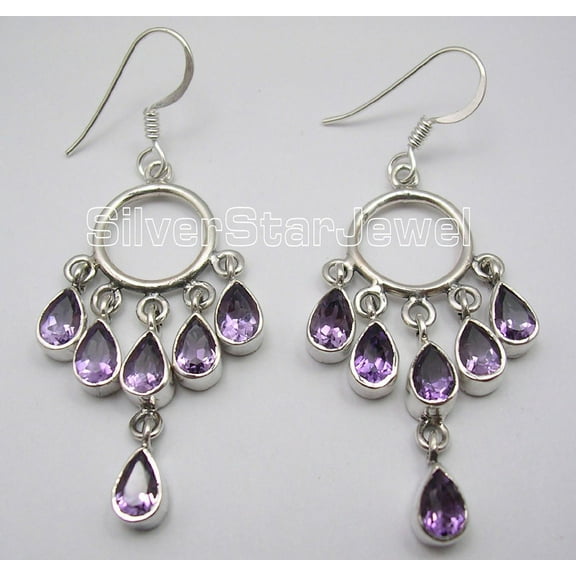 SilverStarJewel 925 Sterling Silver Multistone Drop Purple Amethyst Long Dangle Earrings 2.2"