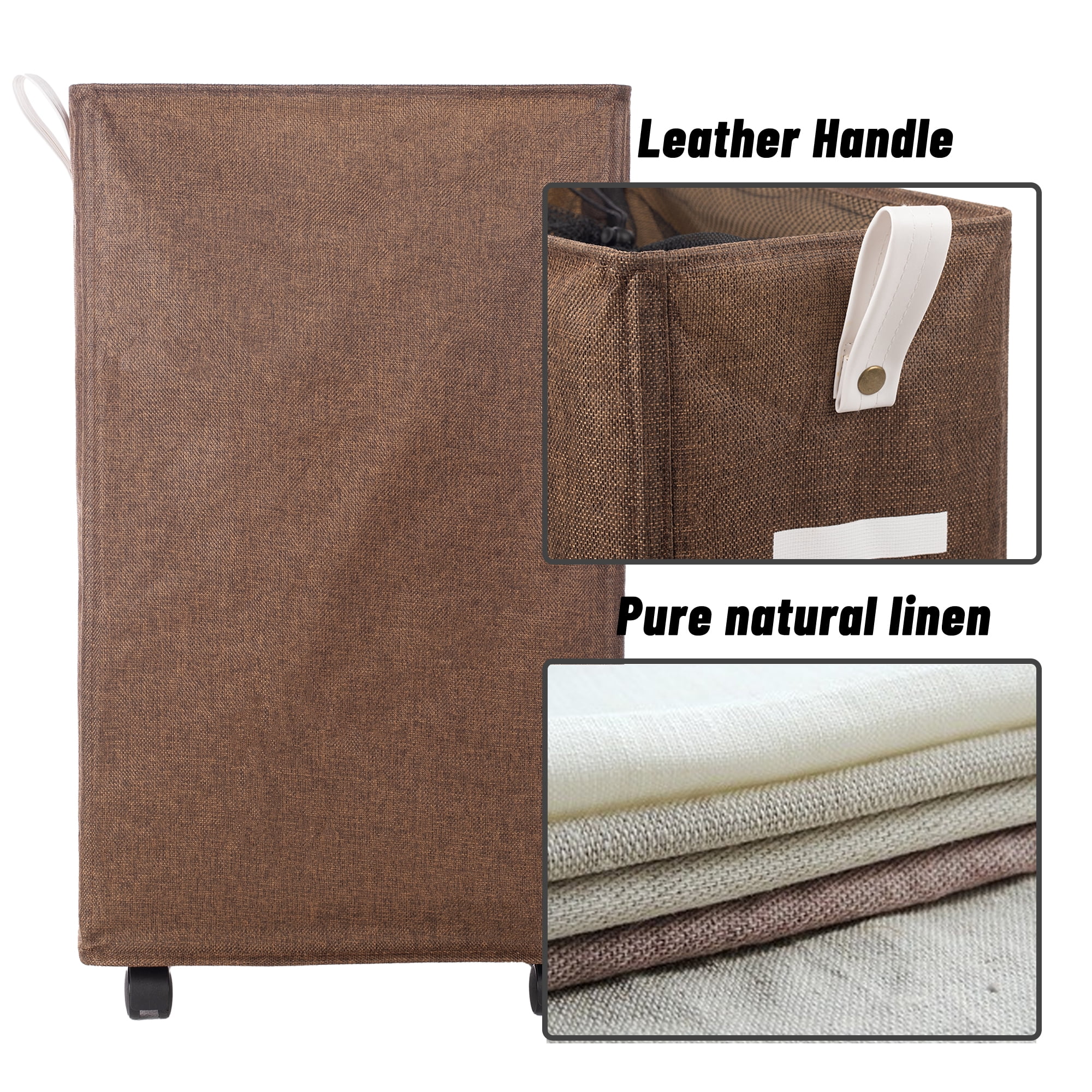 Caroeas X-Large Slim Laundry Baskets 27" Tall with Leather Handle, Laundry Basket on Wheels , Collapsible Laundry Hamper, Rolling Hamper Dorm Baskets (Brown Linen)