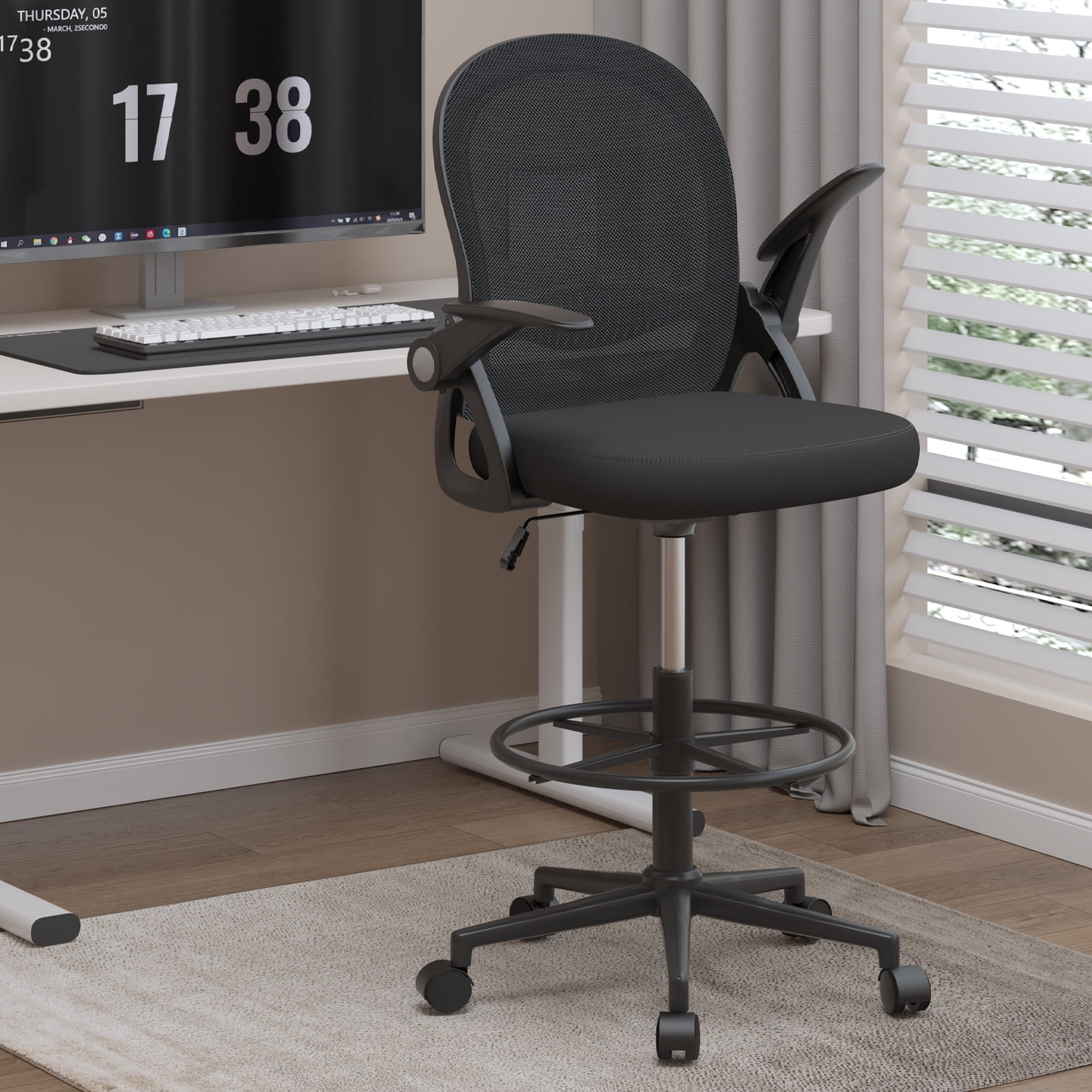 Dryfeedo Drafting Chair, Ergonomic Tall Office Chair with Adjustable Flip-Up Armrests and Footrest, Black