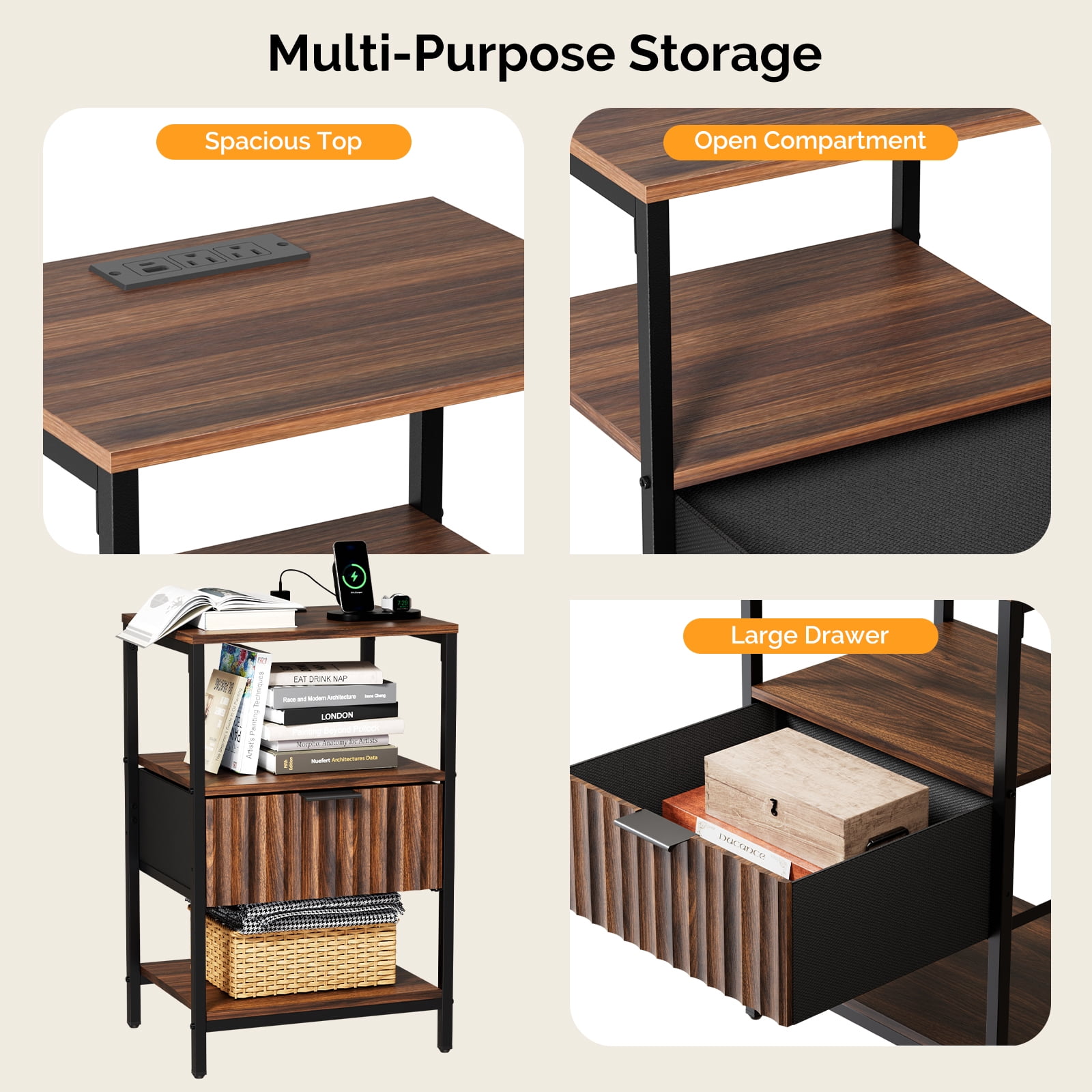 Ktaxon Fluted Nightstand with Charging Station End Table with Drawers Bedside Table Furniture for Bedroom, Living Room, Walnut Brown