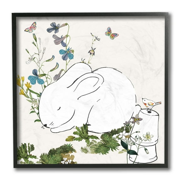 Stupell Industries Sleeping Bunny Rabbit Soft Butterfly Garden Black Framed, 12 x 12, Design by Sangita Bachelet
