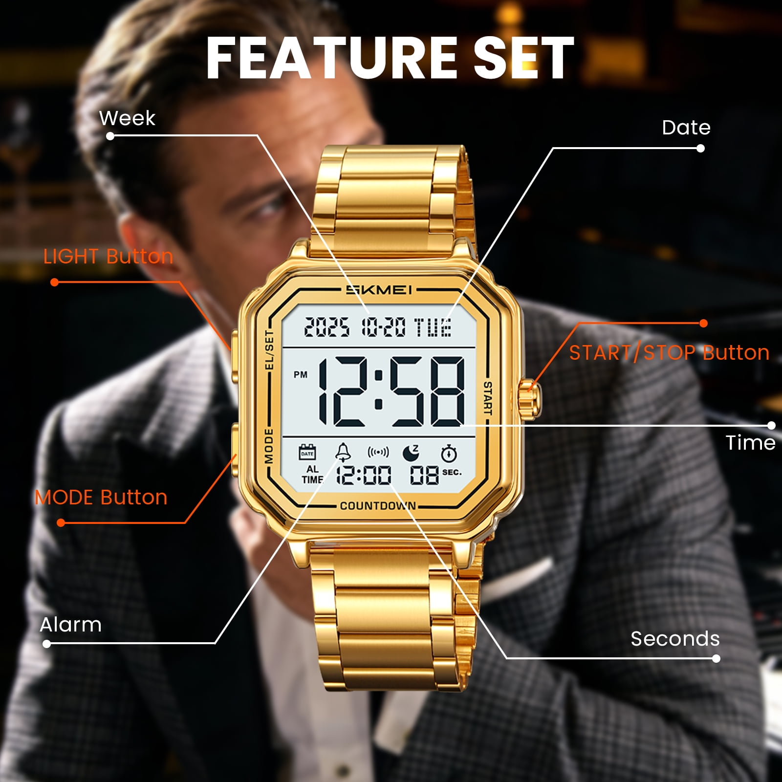 SKMEI Mens Digital Watch Sports Waterproof Outdoor Large Face Military Watches for Men with Stopwatch LED Back Ligh Alarm