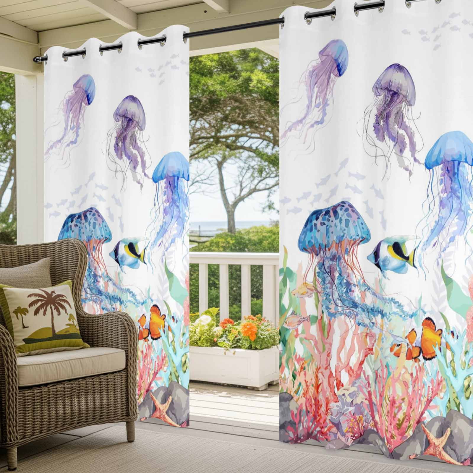 Watercolor Jellyfish Outdoor Curtains for Patio, Summer Ocean Seaweed Coral Coastal Sunshade Privacy Drapes Grommet Waterproof Outside Curtains for Porch/Cabana/Balcony 54"x 108", 1 Panel