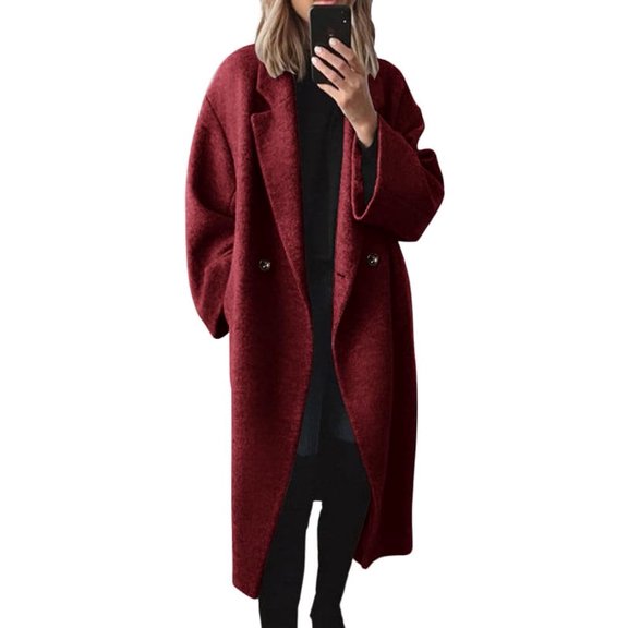 sicmoss Women's Red Double Breasted Wool Coat Notch Lapel Long Sleeve Long with Pockets Fall Winter