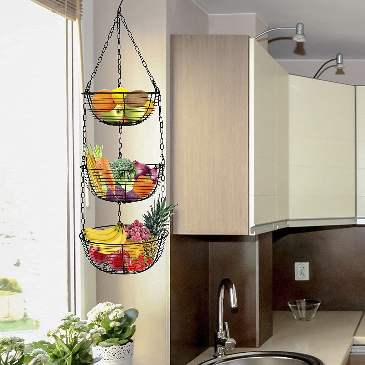 Codream 3 Tier Hanging Fruit Basket, Wire Vegetable Produce Basket for Kitchen, Heavy Duty Fruit Storage Organizer Black Fruit Holder