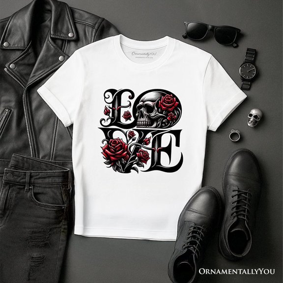Gothic Love Skull Roses T-Shirt, Dark Valentine Romance Tee