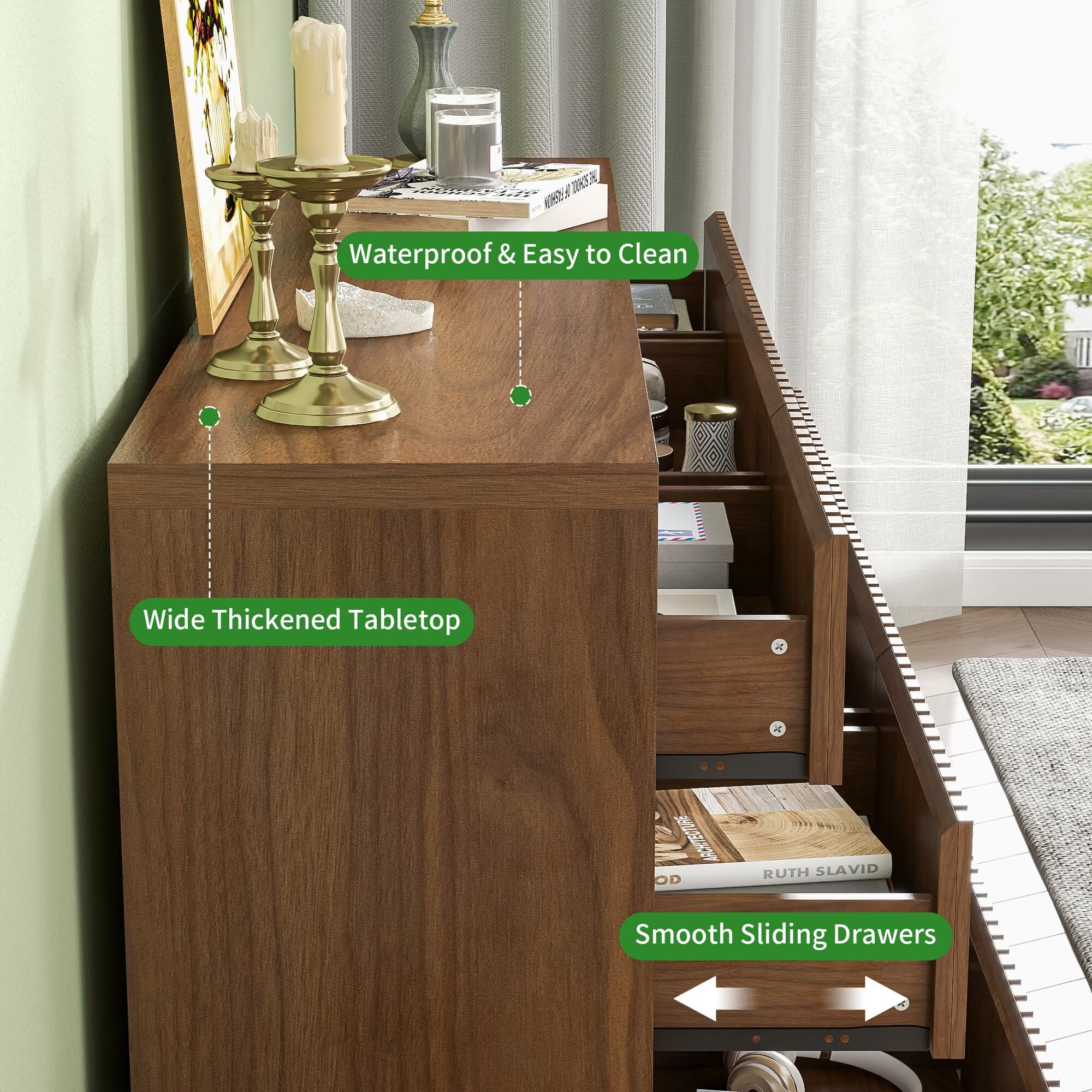 Fluted Long 9-Drawer Dresser, 58'' Mid Century Wood Chest of Drawers, Large Bedroom Clothes Organizer & Walnut TV Stand