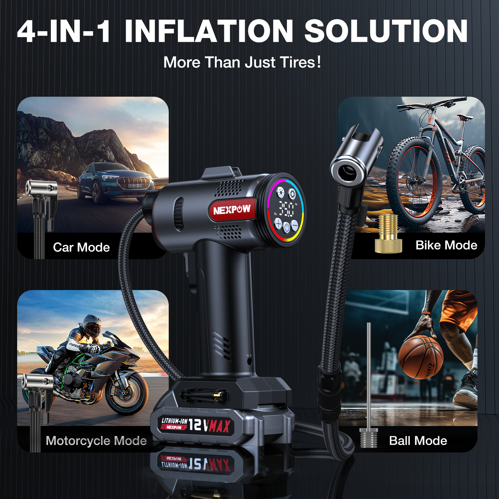 NEXPOW 160PSI Cordless Tire Inflator, Portable Air Pump for Car Tires, Dual Power Air Compressor with 12V DC Adapter, Auto Shutoff, Digital Pressure Gauge, LED Light for Car/Bike/Ball
