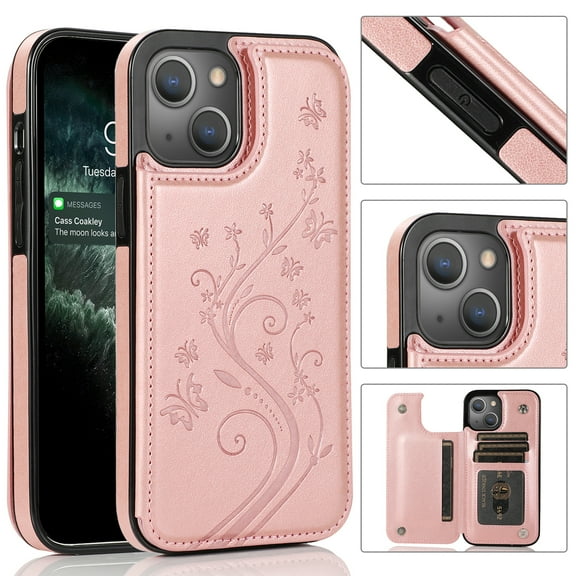 Feishell Back Case for iPhone 13,Embossed Pattern PU Leather Wallet Phone Case with ID Credit Card Slots Shockproof Magnetic Buckle Back Flip Holder Protective Cover,Rosegold