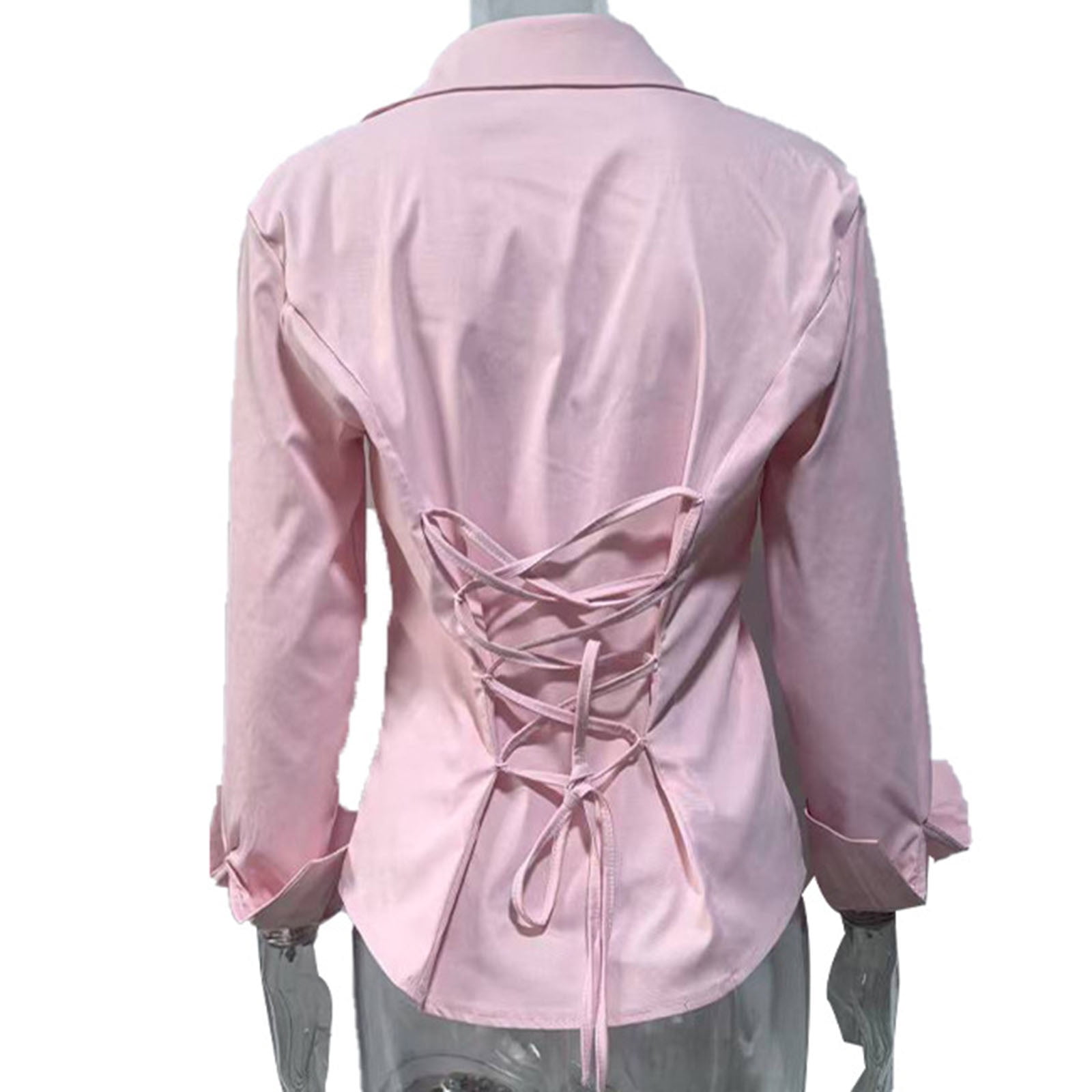 Long Sleeve Shirts for Women, Women's Long Bell Sleeve Button Down Shirt Lace Up Back Princess Line Lapel Top