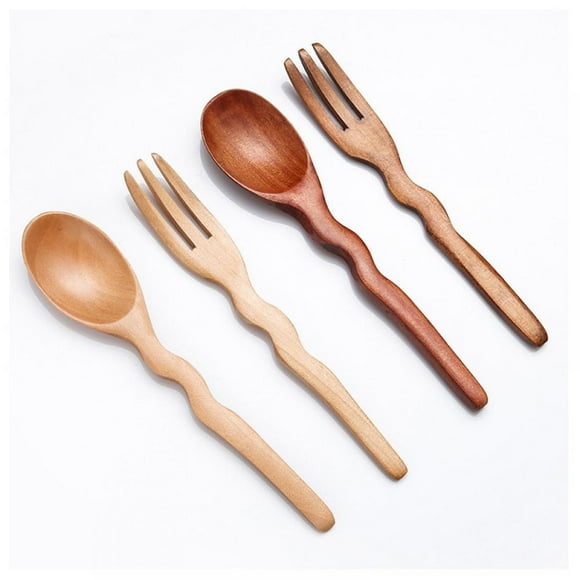 Greyghost Wooden Handle Wavy Solid Wood Fork, Dessert Restaurant Small Wooden Spoon Kitchen Utensil, Home Tableware Old Oil Paint Fork, Food, Desserts, Soup, Salad, Fruit, Wood Cutlery for Travel
