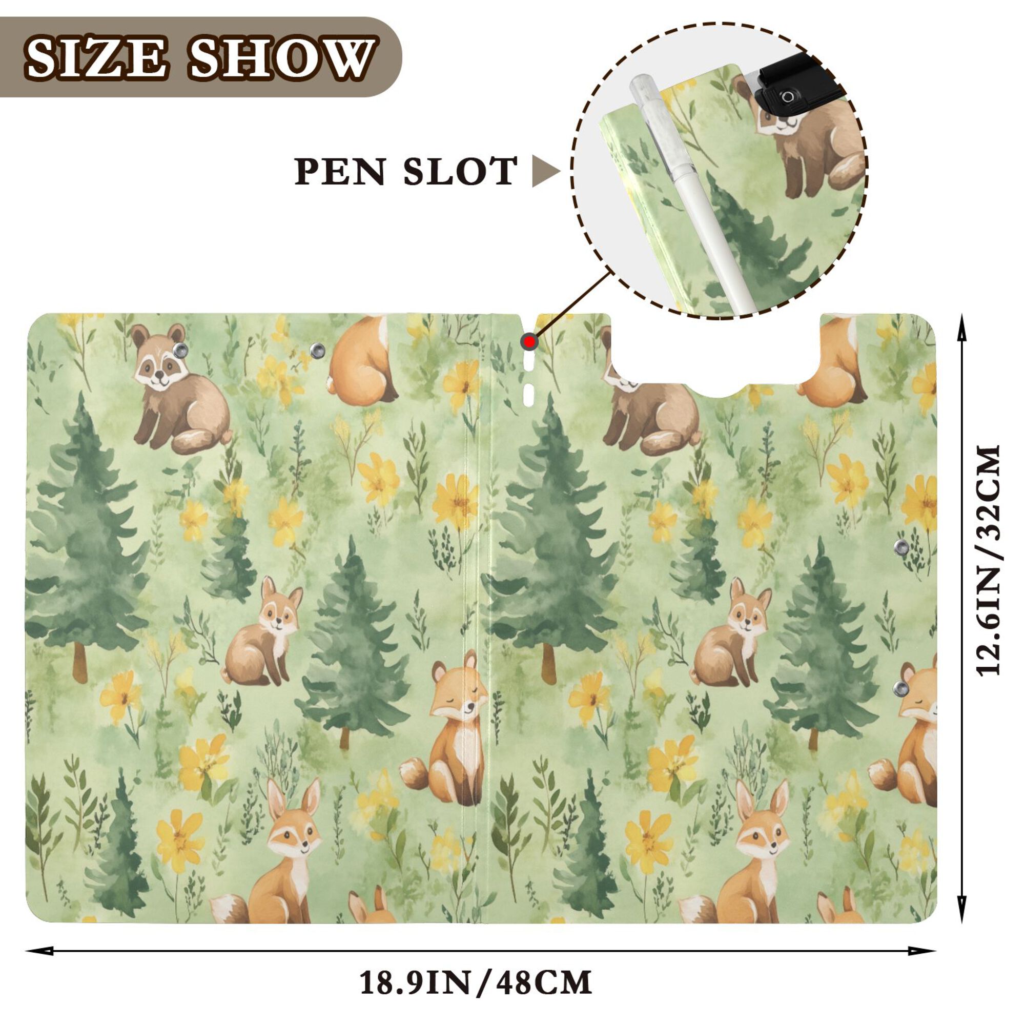 FORMRS A4 Clipboard Folder with Pen Holder Horizontal Foldable School Office Binder, Cartoon Forest Animals