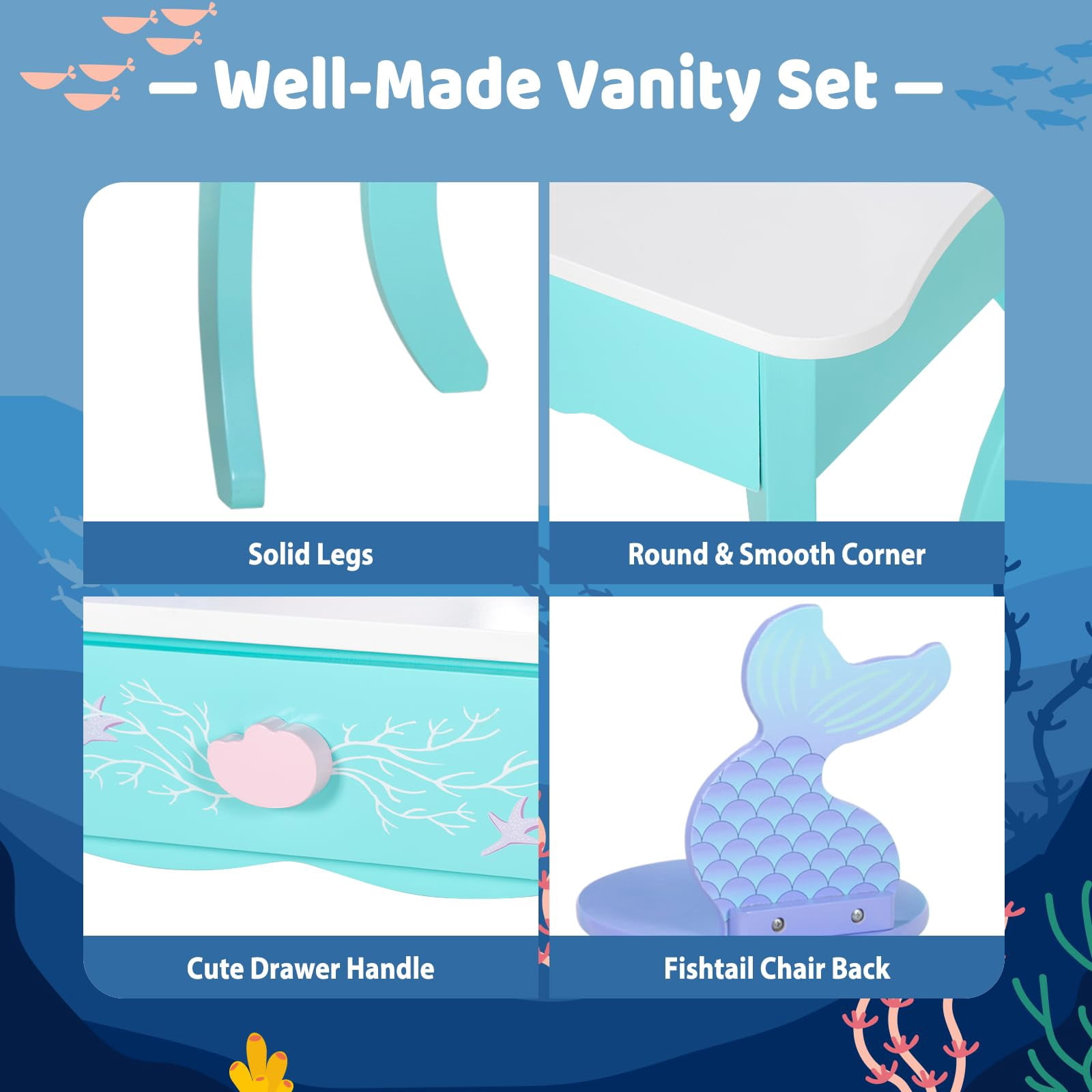BRINJOY Kids Vanity with Lights, Wooden Princess Vanity for Girls, 2 in 1 Ocean Theme Toddler Dressing Table and Chair Set, Little Girl Makeup Vanity with Mirror for Children Birthday Christmas Gift