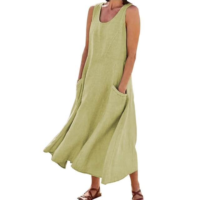 Vestido sin mangas de color liso para mujer: largo maxi informal, diseño con bolsillos, transpirable para el verano. Tallas: S-XXXL.
