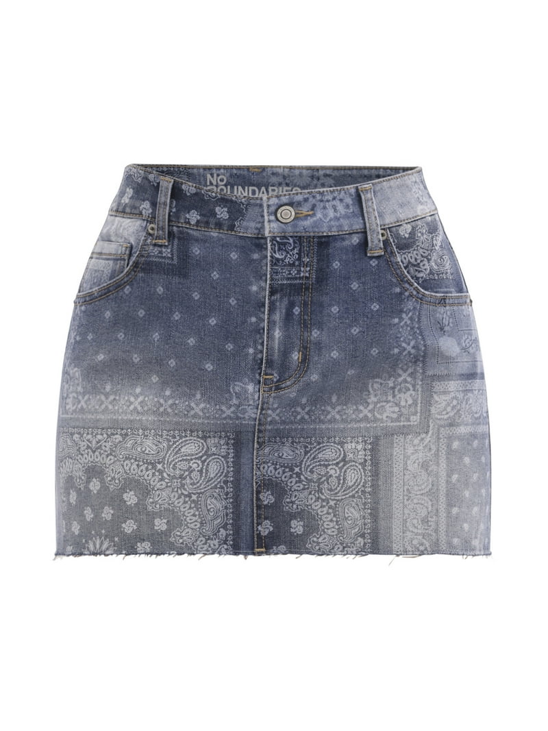 No Boundaries Women's Denim Mini Skirt with Raw Hem, 13 Inch