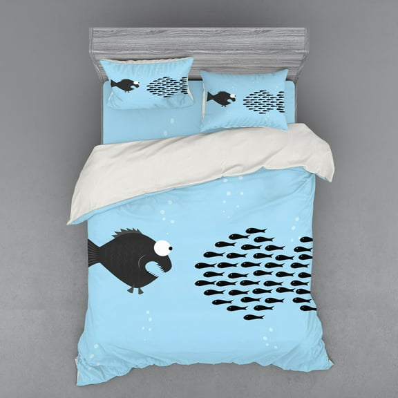 Ambesonne Fish Bedding Set 4 Pcs, Funny Cartoon Motivation, Queen, Blue and Black