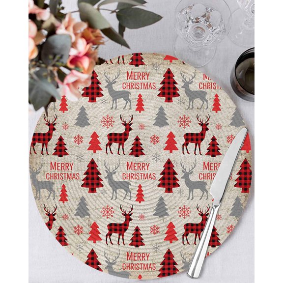 15 Inch Round Placemats Set of 6, Christmas Tree Non Slip Heat Insulation PP Table Mats, Buffalo Plaid Xmas Elk Snowflake Vintage Washable Place Mats for Kitchen Dining Party Table Decor