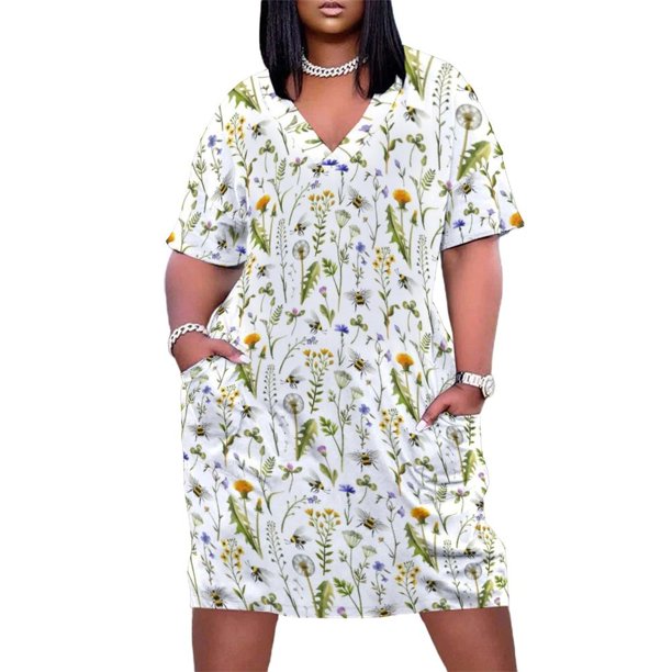 Vestido de noche elegante y bonito para mujer vestido blanco holgado con bolsillos con diseño de abejas y flores salvajes