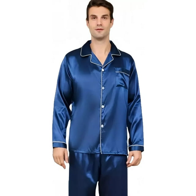 Pijamas Manga Larga Casual Solapa Satén Para Hombre Conjunto