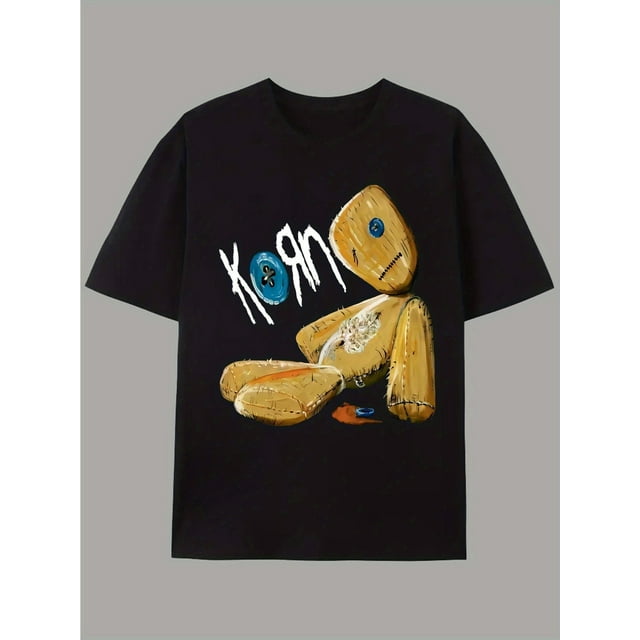 Men's KORN Graphic Print T-Shirt - Black Distressed Doll Design, Casual Streetwear Style, Short Sleeve Crew Neck Tee for Summer, Casual Sporty Tee, Comfy Tee