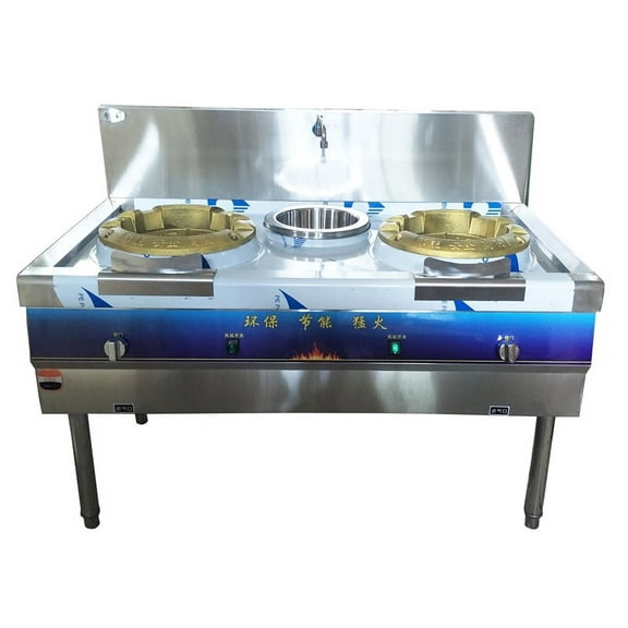PreAsion Commercial Double-head High Fire Stove With Baffle and Water Basin Wok Range Burner Stainless Steel 12.2" 110V