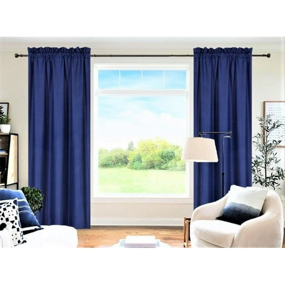 1 Set Solid Foam Backing Lined Room Darkening Blackout Window Curtain Panel Treatment Drape Rod Pocket Matte in Different Sizes 84", NAVY R64