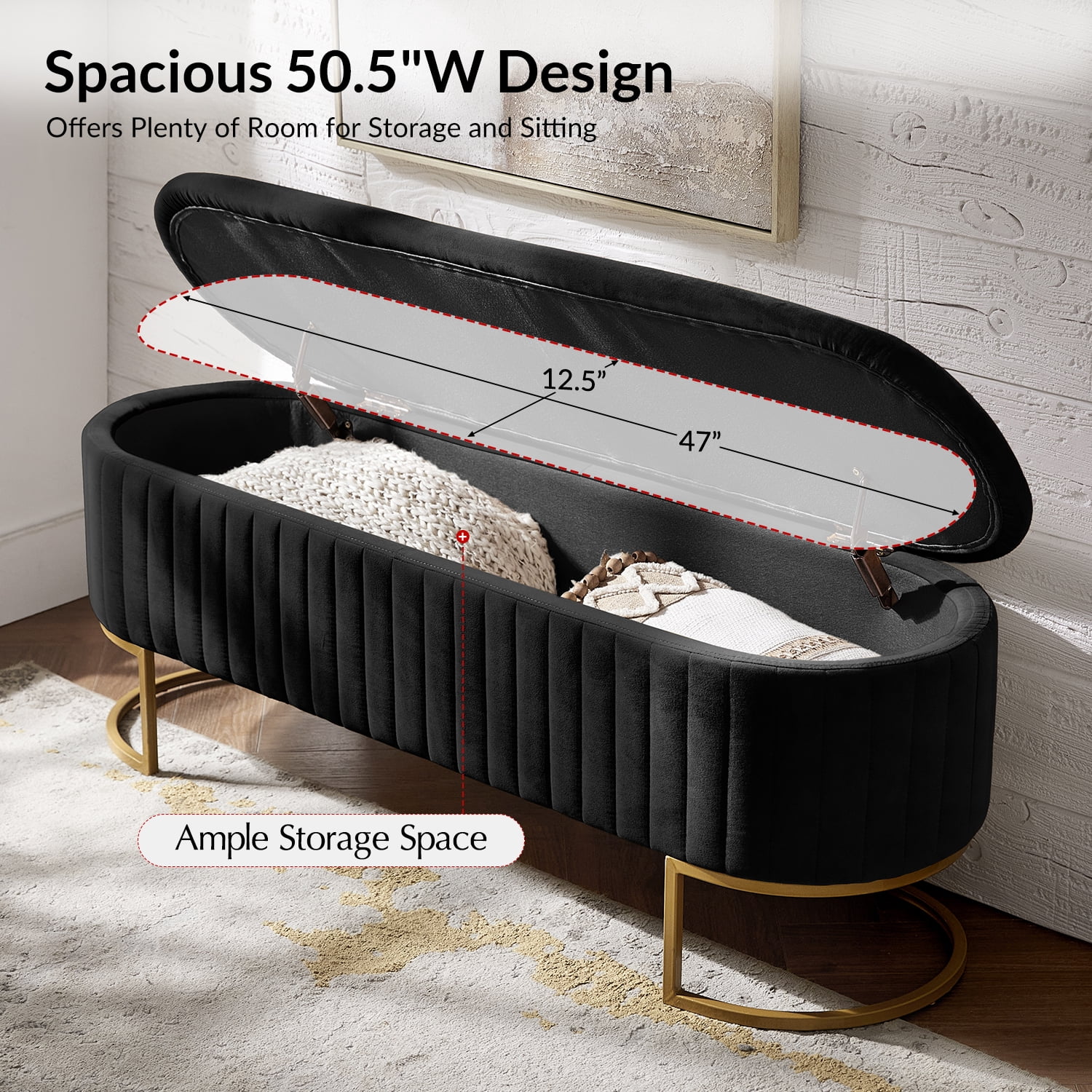 50.5" Upholstered Storage Bench For End of Bed Entryway Bedroom Ottoman Black