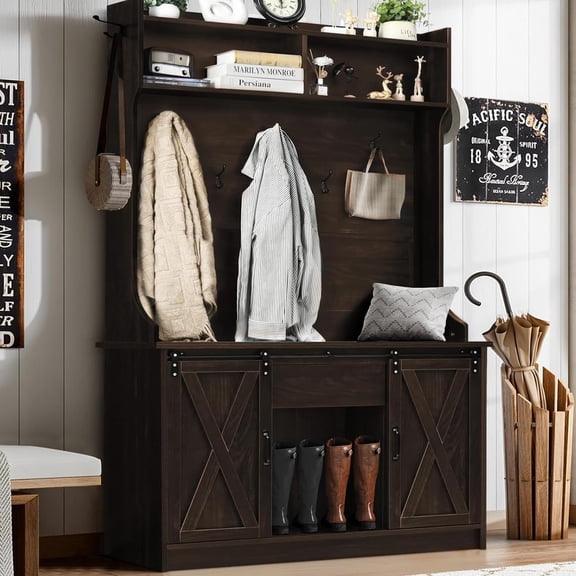 Catrimown Farmhouse Oak 5-in-1 Hall Tree with Bench, Entryway Coat Rack with Sliding Barn Doors & Shoe Storage