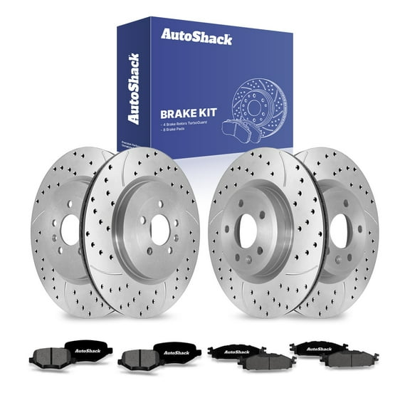 AutoShack Front Vented & Rear Vented Drilled & Slotted Coated Brake Rotors Silver Matte Finish   Premium Ceramic Pads 12-PC Brake Kit Replacement for 2015-2019 Ford Explorer TurboGuard