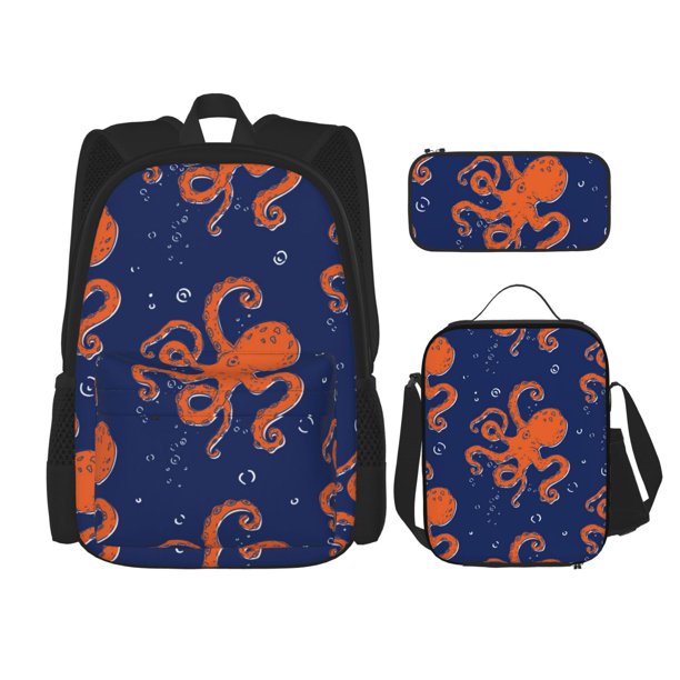 Easygdp Octopus Mochila para Niños y Niñas con Set de Caja de Almuerzo y Estuche para Lápices 3 en 1, Mochila Escolar Estampada para Adolescentes