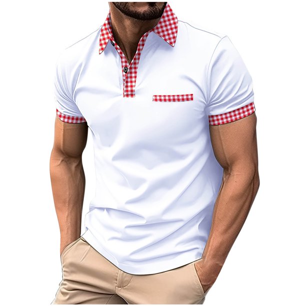 Blusa de Manga Corta de los Hombres Bloque Botones de Color Al Aire Libre Bolsillo Cuello de Vuelta, Mezcla de Rayón Poliéster para Casual Diario