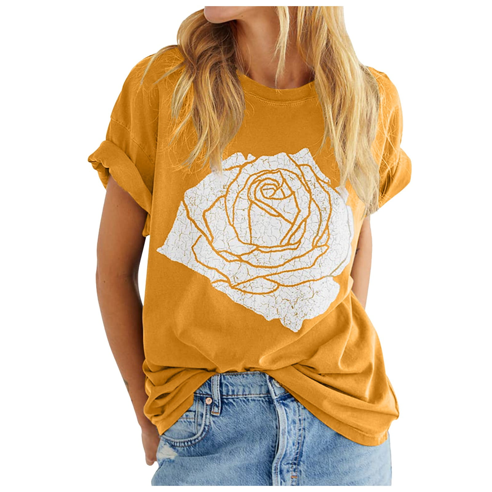Spring Tops for Women Rose Graphic Tee Loose Fit Short Sleeve