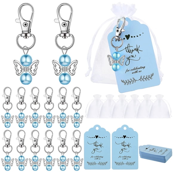60 Sets Angel Keychains Baby Shower Favors 60 White Organza Gift Bags with Thank You Tags Angel Keychains for Guest (Blue)