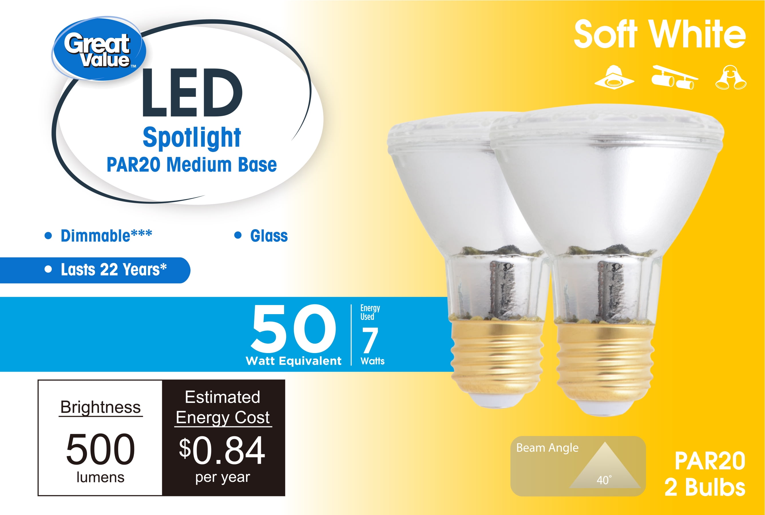 Great Value Soft White LED 7W PAR20 Directional Floodlight Bulb