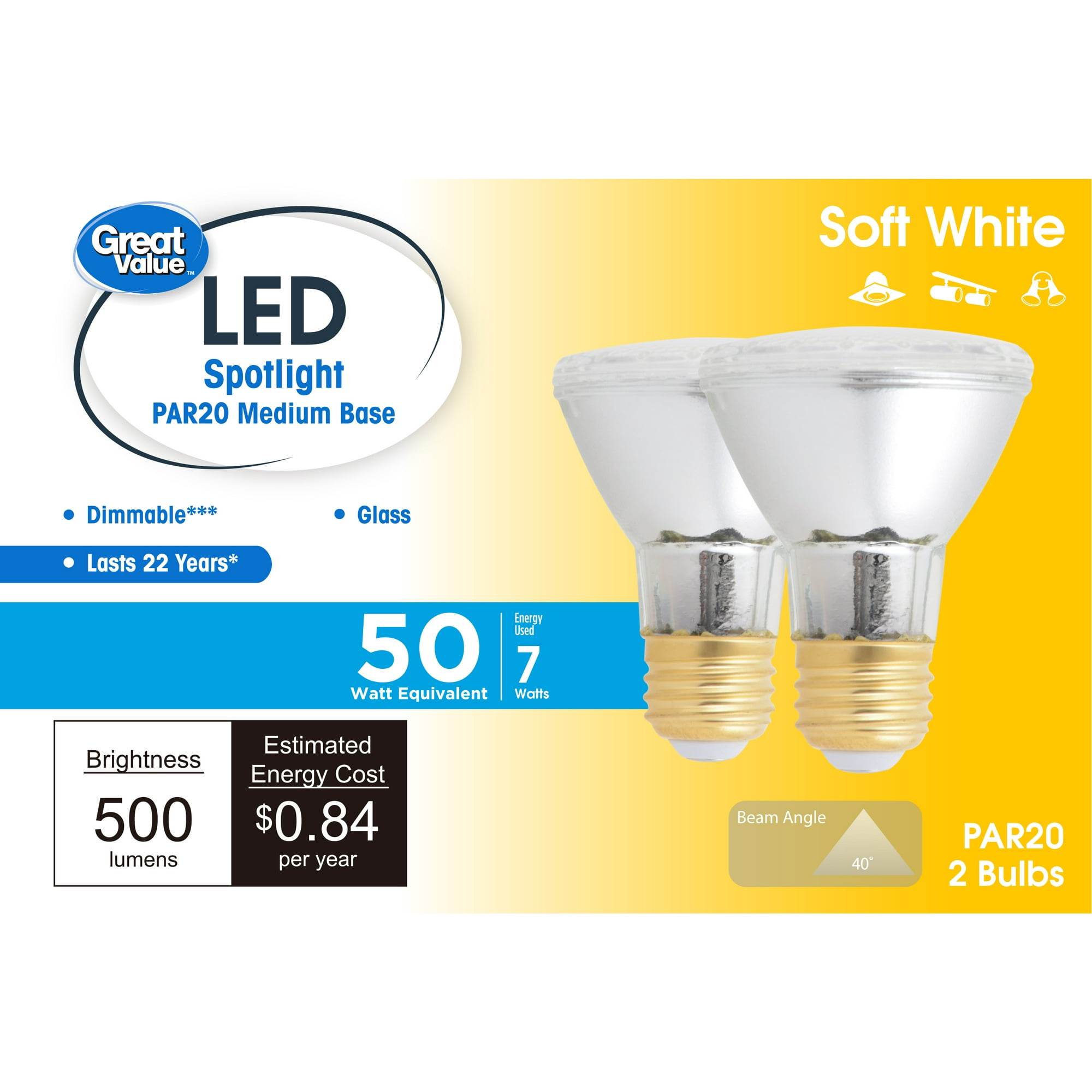 Great Value LED PAR20 Directional Light Bulbs, Soft White 2700K, 7W, Medium Base E26, 2 Count