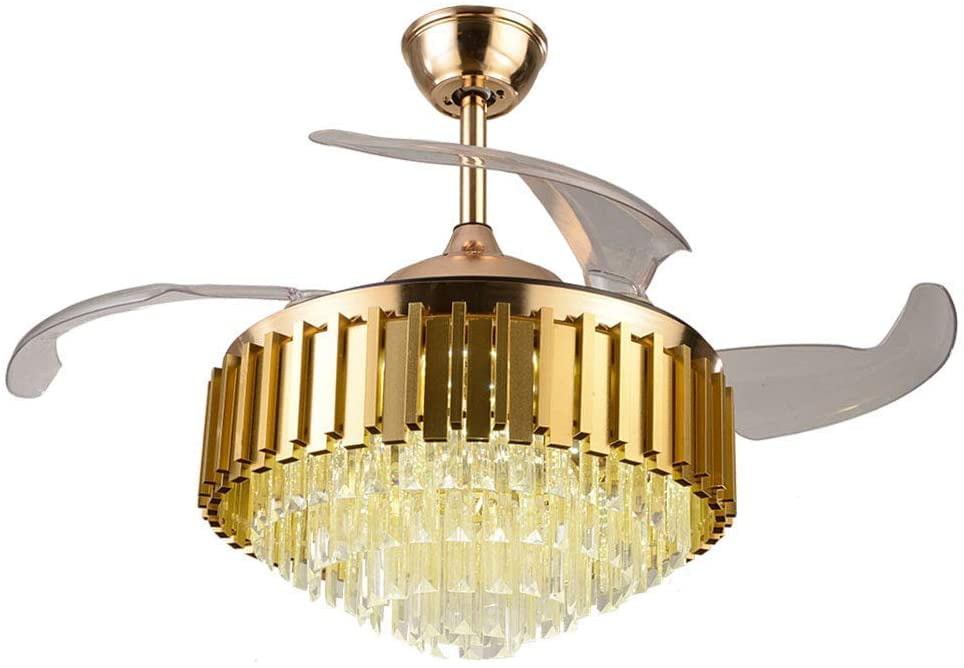 42" Luxury Retractable Ceiling Fans Light Crystal Gold LED Chandelier w/Remote 