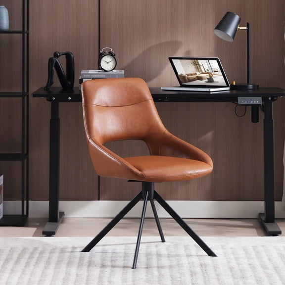 ONEVOG Modern Faux Leather Swivel Office Chair No Wheels, Armless Upholstered Task Seat, Brown