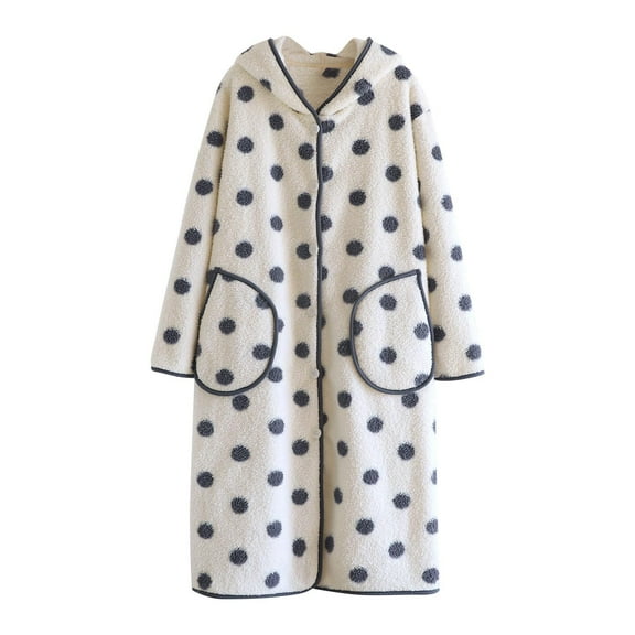 Women's Fleece Bathrobe Long Sleeve Hooded Color Block Soft Robe with Pockets White L