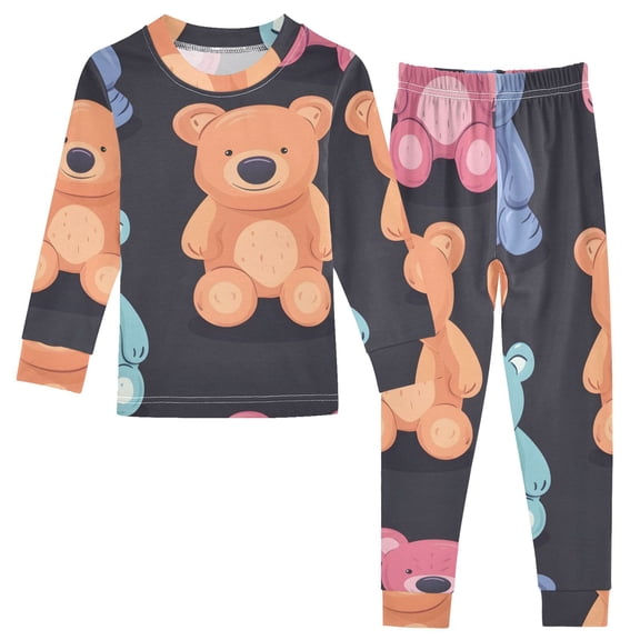 Colorful Teddy Bears Cotton Pajama Set Long Sleeve Top and Pants Sleepwear Unisex 18M