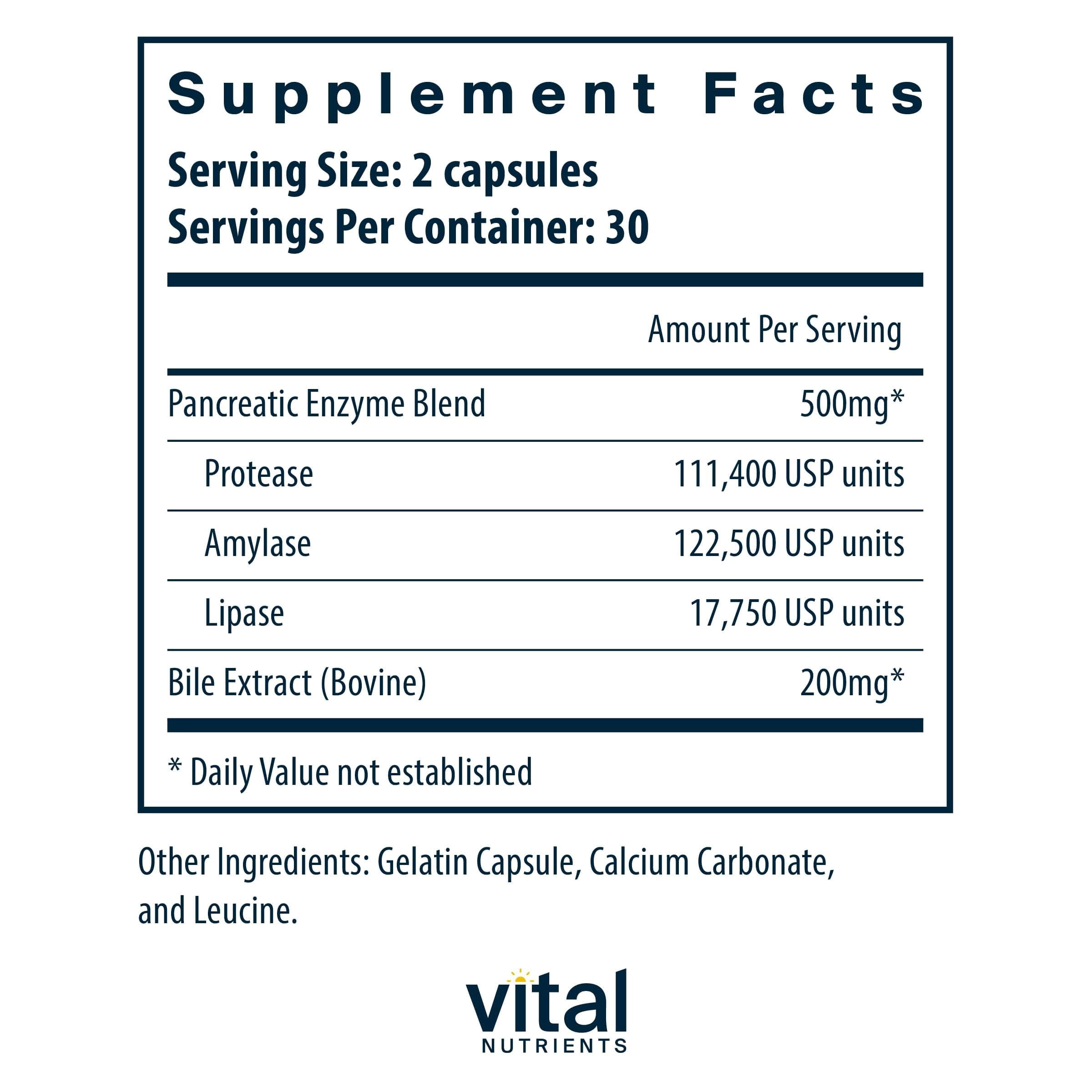 Vital Nutrients Pancreatin & Ox Bile Extract 500mg | Natural Digestive Enzymes for Women & Men | Supports Digestion of Protein, Fat, and Carbohydrates| Gluten, Dairy & Soy Free | 60 Capsules