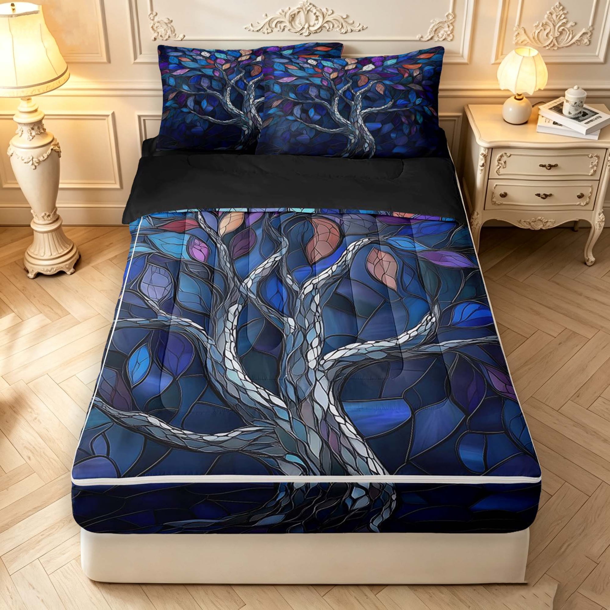 Homewish Vintage Tree Of Life Zipper Queen Comforter Set with Fitted Sheet and 2 Pillowcases Botanical Design Zipper Bedding Set Blue Black Reversible 4pcs