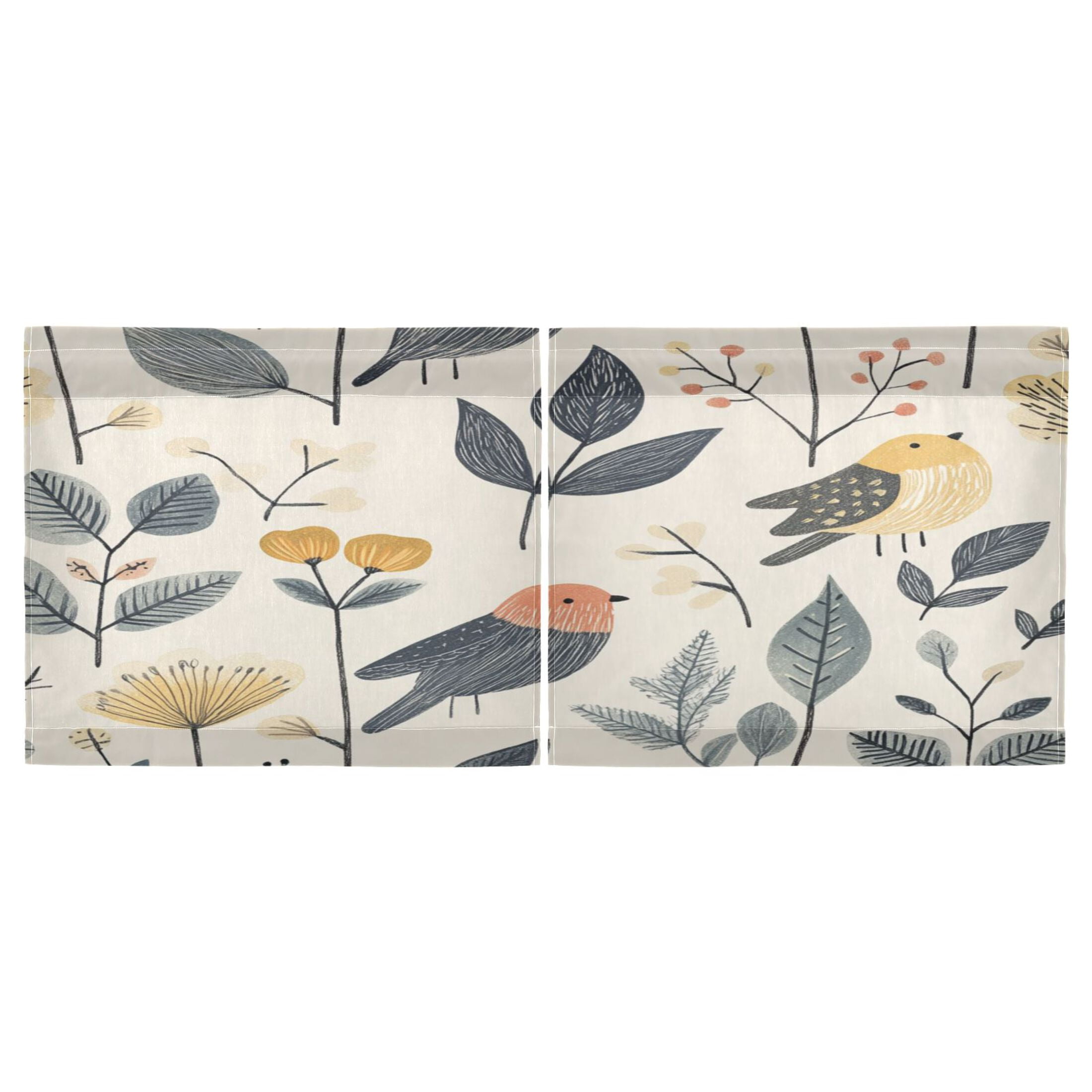 Hand Drawn Bird 27"x36" Linen Look Cafe Curtain Set with Privacy and UV Protection